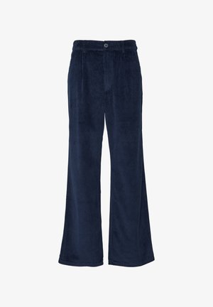 Navy Corduroy-Hosen mit weitem Bein und Knopfverschluss, die eine vertikale Ripptextur und eine lockere, fließende Form aufweisen.