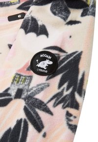 Fleece fabric with pastel pink, black, and gray floral patterns; features a black round patch with a Moomin character and logo.
