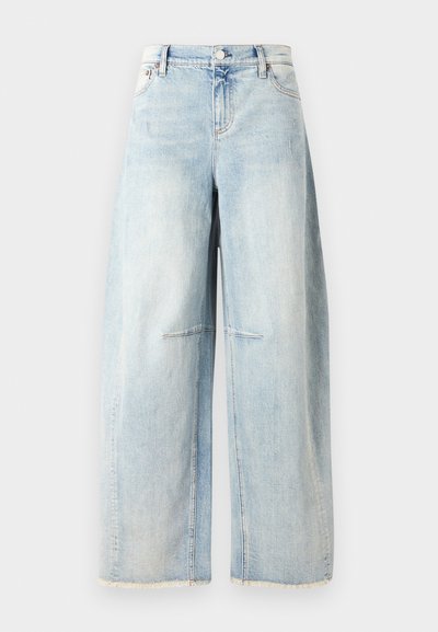 Light blue denim wide-leg jeans with a high waist, frayed hem, and contrasting stitching. Features front pockets and a classic button closure.