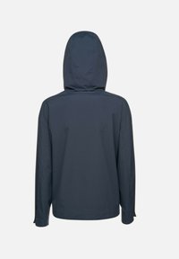 Donker marineblauwe capuchonjack met een gladde, matte textuur. Heeft een rechte snit, elastische manchetten en geen zichtbare hardware of versieringen.