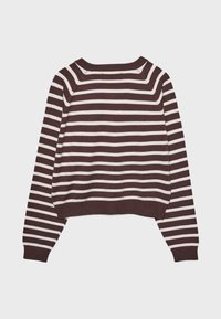 Pull à manches longues rayé horizontalement marron et blanc avec poignets, ourlet et encolure côtelés, présenté à plat sur un fond uni.
