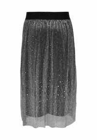 Falda plisada negra con brillo metálico, decorada con lentejuelas dispersas, cintura elástica y un panel inferior transparente para añadir textura.