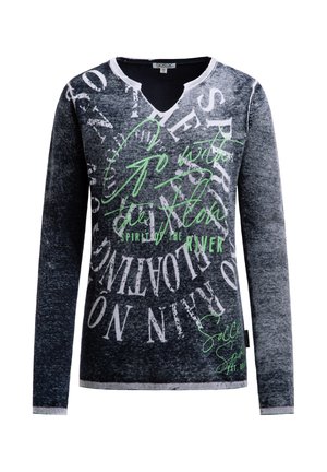 Dark gray long-sleeve sweater with white circular text and green script reading "Go with the flow, spirit of the river," and a small V-neck.