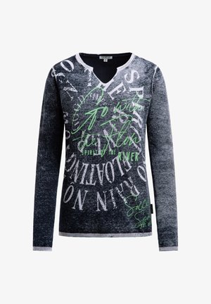 Dark gray long-sleeve sweater with white circular text and green script reading "Go with the flow, spirit of the river," and a small V-neck.