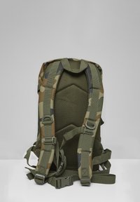 Taktiška kuprinė su maskuotės raštu, paminkštinta nugaros dalimi, reguliuojamomis petnešomis ir daugybe užsegimo sagtelių ant vienspalvio fono.