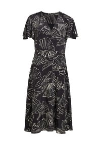 Robe noire avec un décolleté en V et des manches flottantes, présentant un motif de éventail blanc ; texture lisse ; design de jupe évasée.