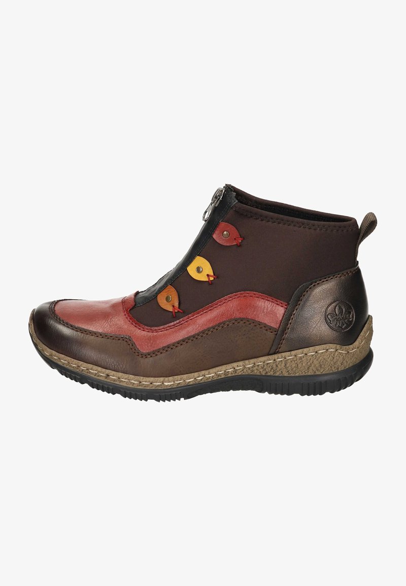 Brown and red ankle boot with a textured rubber sole, zipper on the side, and three colorful bird-shaped accents on the front.