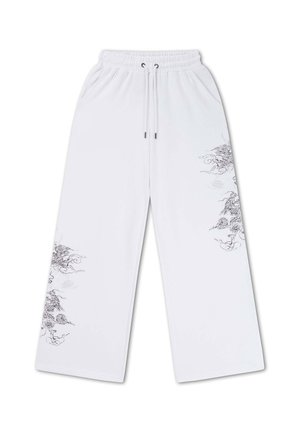 Pantaloni bianchi a gamba larga con vita elasticizzata e cordino, con sottili motivi neri di draghi e nuvole nella parte bassa delle gambe.