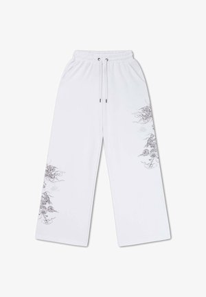 Pantaloni bianchi a gamba larga con vita elasticizzata e cordino, con sottili motivi neri di draghi e nuvole nella parte bassa delle gambe.