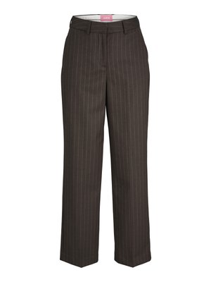 Donkerbruine, op maat gemaakte pantalon met krijtstreep, rechte pijpen, tailleband met lussen voor een riem, een ritssluiting aan de voorkant en zijzakken.