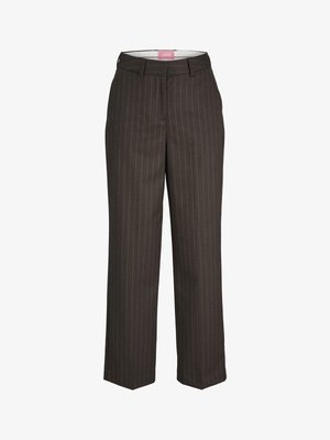 Donkerbruine, op maat gemaakte pantalon met krijtstreep, rechte pijpen, tailleband met lussen voor een riem, een ritssluiting aan de voorkant en zijzakken.