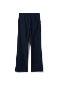Pantaloni blu navy con design a gamba dritta, fronte plissettato e cintura. Realizzati in tessuto liscio, presentano due tasche laterali.