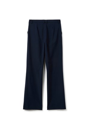 Pantaloni blu navy con design a gamba dritta, fronte plissettato e cintura. Realizzati in tessuto liscio, presentano due tasche laterali.