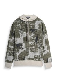 Felpa con cappuccio in maglia, con lacci crema, caratterizzata da un motivo mimetico astratto pixelato verde, nero e bianco, e orli e polsini crema.