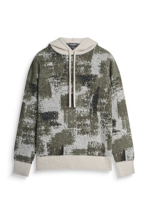Hooded knit sweater with cream drawstrings, featuring an abstract green, black, and white pixelated camo pattern and cream cuffs and hem.