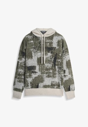Hoodie van gebreid materiaal met crèmekleurige trekkoorden, voorzien van een abstract groen, zwart en wit pixelachtig camouflagepatroon en crèmekleurige boorden en zoom.