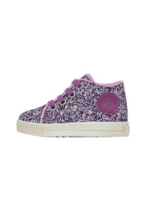 Purple glitter-covered high-top sneaker with purple laces, beige sole, and round purple logo patch on the side.