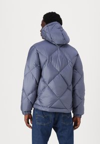 Chaqueta acolchada en color gris claro, con un patrón de rombos, capucha y puños elásticos. El material parece brillante y tiene una textura suave.