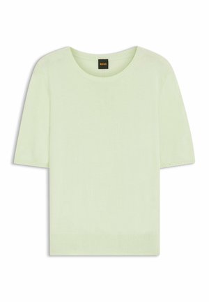 Top de punto de manga corta verde claro con cuello redondo y puños y dobladillo acanalados, con la etiqueta BOSS en el interior del cuello.