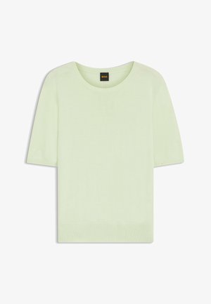 Top de punto de manga corta verde claro con cuello redondo y puños y dobladillo acanalados, con la etiqueta BOSS en el interior del cuello.