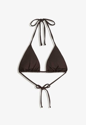 Hnedý vrchný diel bikín s trojuholníkovými košíčkami, nastaviteľnými viazacímí popruhmi a zošitým detailom v strede. Jednoduchý a minimalistický dizajn.