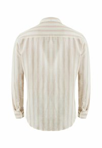 Beige och krämfärgad randig långärmad skjorta med knapp-up krage och manschetter, med rundad nederkant och mjuk textur.