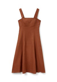 Vestido midi sin mangas de color óxido con escote cuadrado y tirantes anchos, que presenta un corsé ajustado y una falda en A.