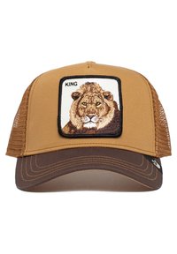 Brown mesh trucker cap with a structured front, featuring an embroidered lion patch labeled "KING" and a contrasting brown brim.