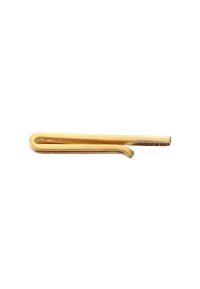 Goudkleurige metalen stropdasclip met een slank, langwerpig ontwerp en een gebogen uiteinde. Soepele textuur met een gepolijste afwerking. Het ontwerp is minimalistisch en functioneel.