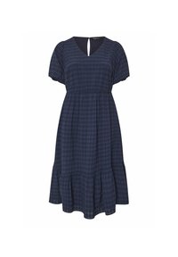 Laivansininen ruudullinen mekko, jossa on V-pääntie, lyhyet puffihihat ja rypytetty vyötärö. Mekossa on levenevä hame ja takana avaus avaimelle.