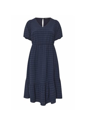 Dunkelblau kariertes Kleid mit V-Ausschnitt, kurzen Puffärmeln und gerafftem Bund. Es hat einen ausgestellten Rock und eine Rückenöffnung in Schlüsselloch-Optik.