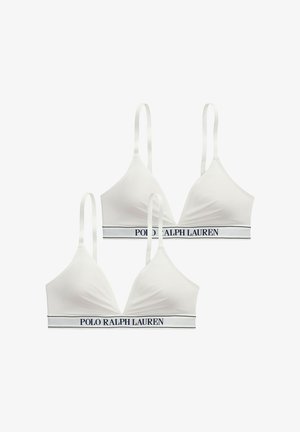 White cotton bralettes with triangular cups, thin adjustable straps, and a branded navy waistband featuring "POLO RALPH LAUREN." Two-pack set.