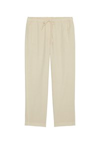 Beige, leichte Hose mit elastischem Bund und Kordelzug, ausgestattet mit zwei seitlichen Taschen und einem geraden Schnitt. Glatte Textur ohne Muster.