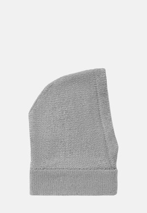 Szara dziana czapka, miękka tekstura, zwężający się krój, prążkowany mankiet na dole, minimalistyczny wygląd, odpowiednia na codzienne noszenie.