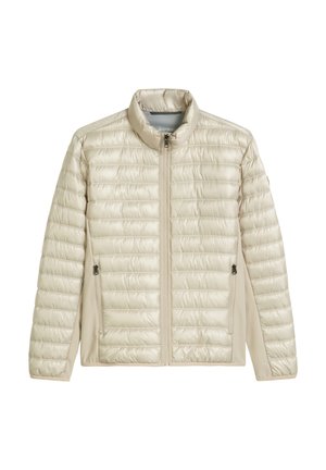 Beige Steppjacke mit Reißverschluss vorne, hohem Kragen und seitlichen Reißverschlusstaschen. Verfügt über ein gesteppte Muster und eine glatte, glänzende Oberfläche.