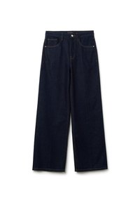 Jeans de pierna ancha hechos de denim oscuro. Incluye dos bolsillos frontales, un cierre de botón y costuras en contraste a lo largo de las costuras.