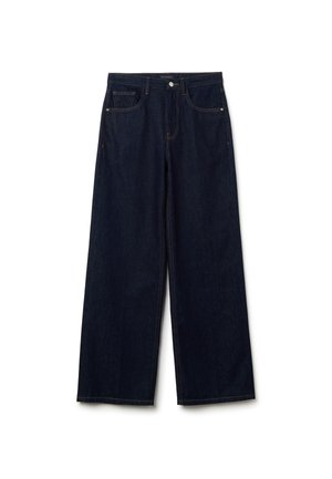Weite Jeans aus dunklem Denim. Zu den Merkmalen gehören zwei Fronttaschen, ein Knopfverschluss und Kontrastnähte an den Nähten.
