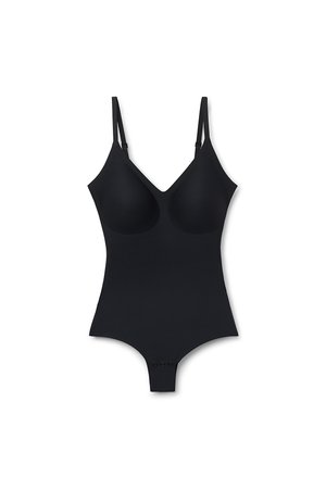Zwart bodysuit met verstelbare spaghetti bandjes, gevormde cups, een gladde textuur en een drukknoopsluiting onderaan voor gemakkelijk dragen.