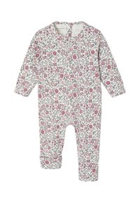 Langärmliger Einteiler mit floralem Muster in Weiß, mit lila und rosa Blumen, Rundhalsausschnitt und Bündchen an den Handgelenken und Knöcheln.