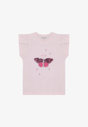 Light pink short-sleeve t-shirt featuring a large butterfly design with sequins and smaller butterfly illustrations around it. Ruffled sleeves.