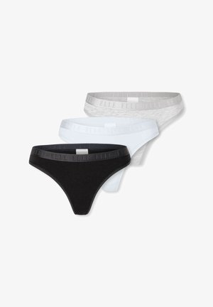 Tre paia di tanga in cotone nei colori nero, grigio e bianco. Ognuno presenta un elastico a contrasto con un branding sottile.