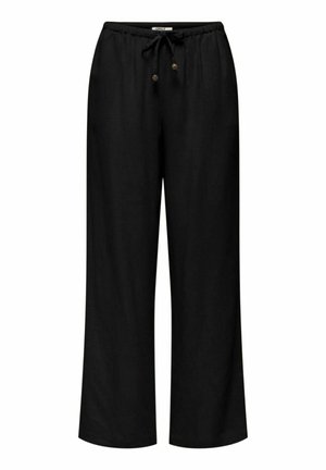 Pantaloni negri cu croială largă, talie elastică și șnur frontal cu detalii din mărgele metalice, concepuți pentru purtare casual.