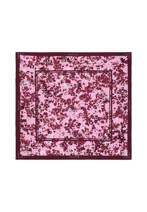 Roze vierkante sjaal met bordeauxrood bloemenpatroon, dubbele rechthoekige rand en donkergouden bordeauxranden met kleine witte en grijze accenten.