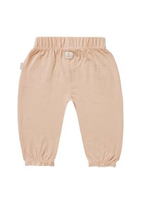 Lichtroze, zachte katoen broek met een elastische tailleband en gathered enkels. Heeft een klein merktekentje nabij de tailleband.