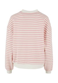 Leichter Sweatshirt mit rosa-weißen Streifen, Rundhalsausschnitt und gerippten Bündchen. Weicher Stoff mit lockerer Passform und überschnittenen Schultern.