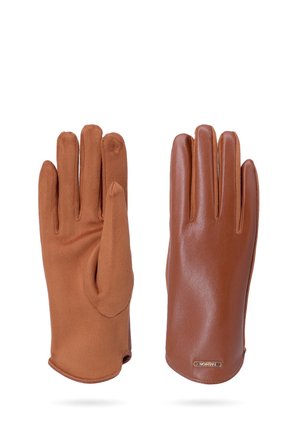 Guanti in pelle marrone con un esterno liscio e un interno morbido e texturizzato. Progettati con una forma fitted e apertura per il polso.