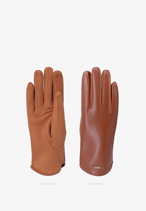 Guanti in pelle marrone con un esterno liscio e un interno morbido e texturizzato. Progettati con una forma fitted e apertura per il polso.