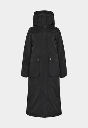 Langer schwarzer Parka mit Kapuze, ausgestattet mit einem Druckknopfverschluss, zwei Fronttaschen und einem geraden Schnitt. Hergestellt aus einem wasserdichten Material.