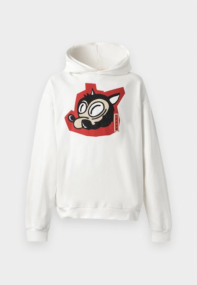 Felpa bianca con cappuccio con una grafica di faccia di animale dei cartoni neri su uno sfondo rosso. Realizzata in materiale morbido con polsini a costine.