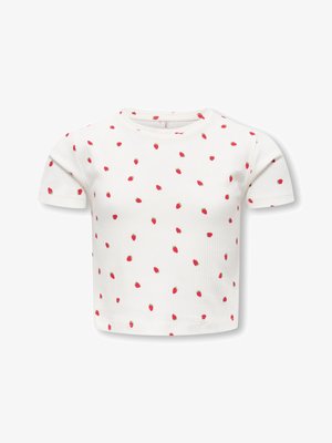 Top corto bianco a maniche corte con costine, decorato con piccole fragole rosse sparse su tutta la superficie.